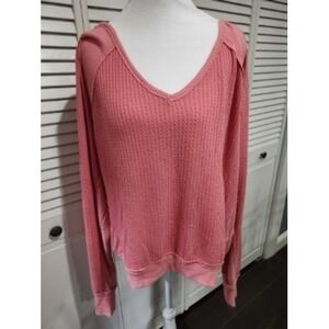 We The Free Orange Waffle Knit V Neck Long Sleeve Top Women Medium